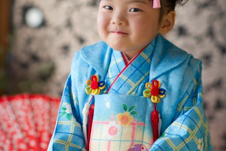 三歳七五三　水色チェック柄着物　水色被布　かわいい